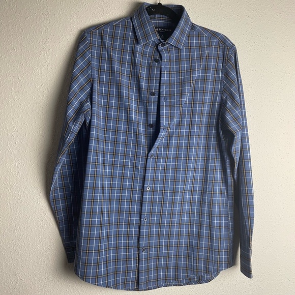 Mizzen + Main Leeward Dress Shirt Blue Print Men's Small Trim Fit